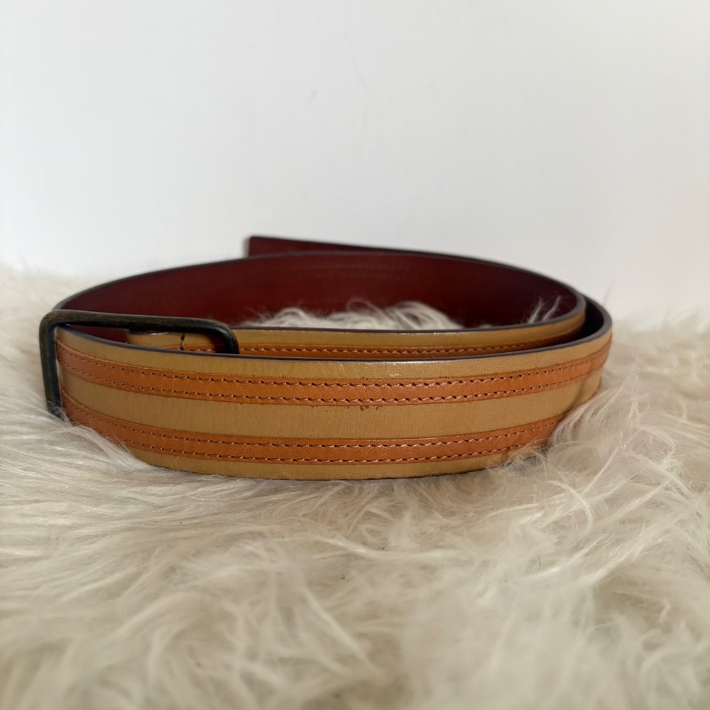 Linea‎ Pelle 230800 Tan Brown Striped Leather Belt Size 34 Antique Brass Buckle